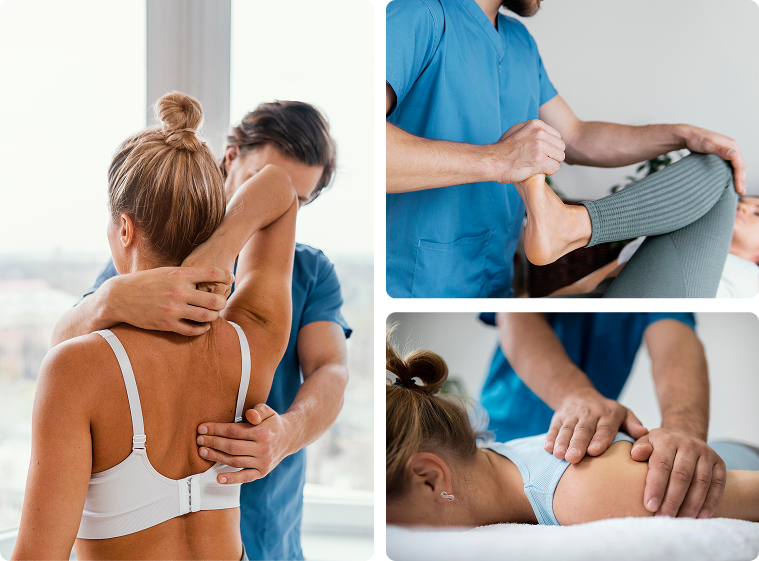 Conjunto de fotos de fisioterapeuta trabajando